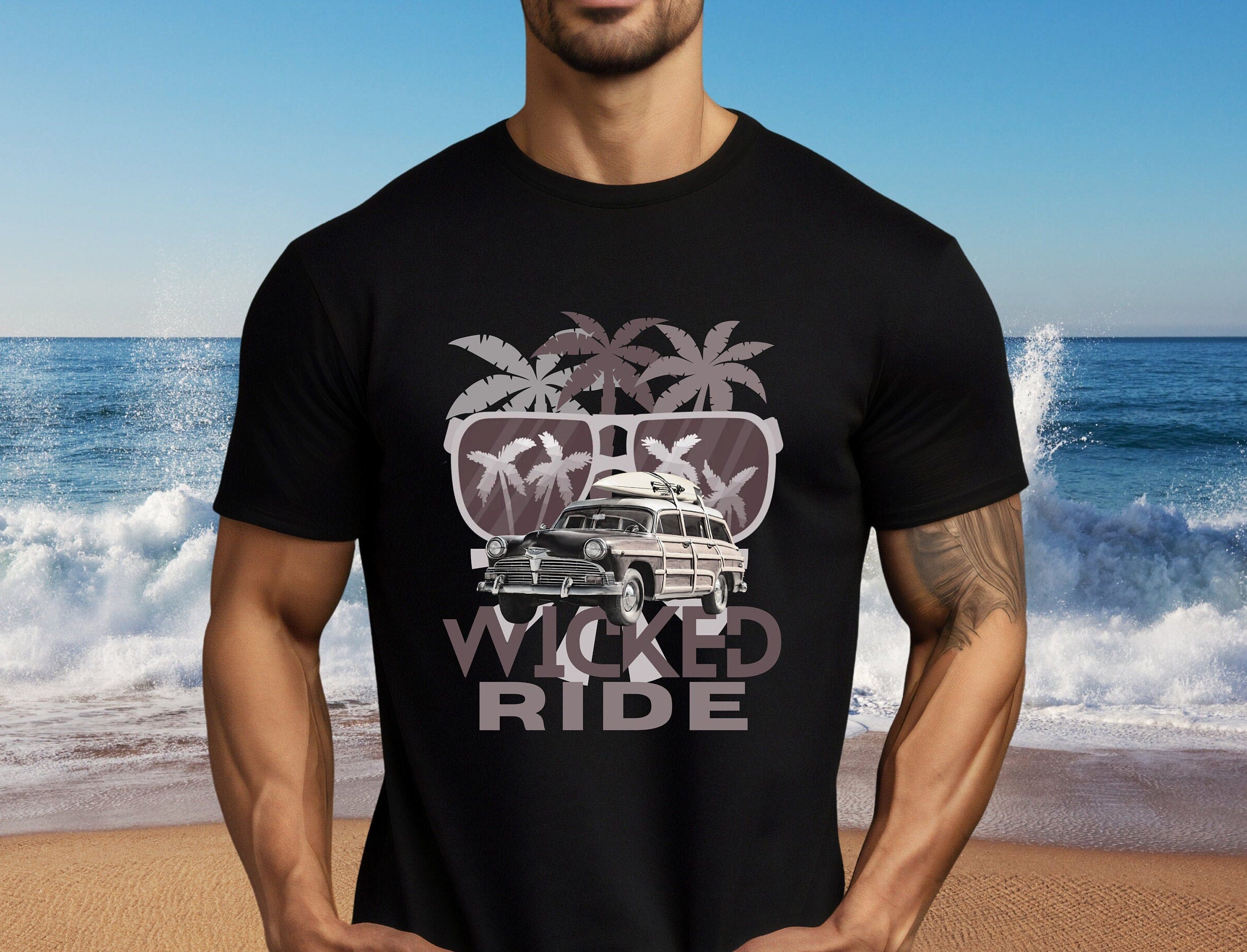 Retro Surf Wagon T-Shirt: Woody Car, Palm Tree. Beach shirt  Design