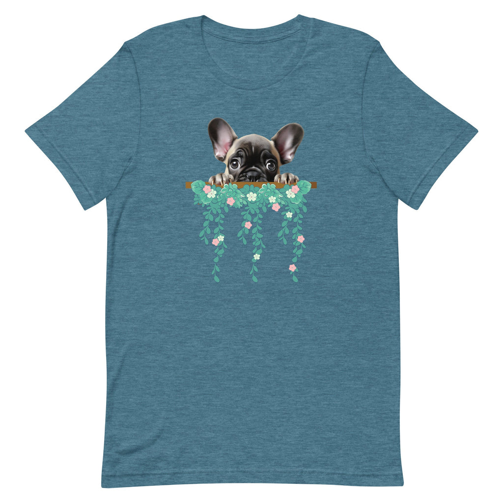 French Bulldog Peeking T-shirt: Frenchie & Flowers Unisex Tee