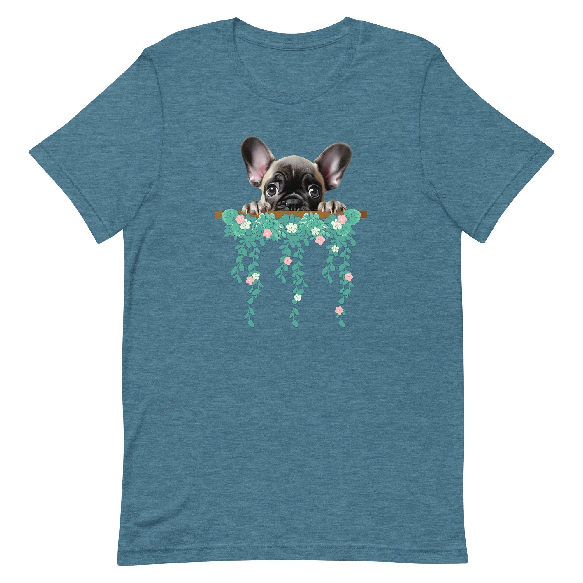 French Bulldog Peeking T-shirt: Frenchie & Flowers Unisex Tee