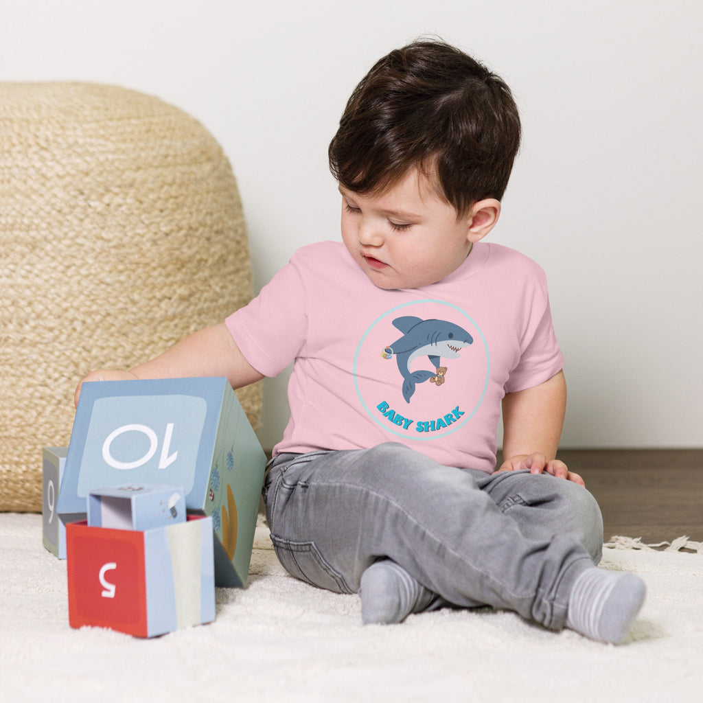 Baby Shark Toddler Shirt, Cute Cartoon Shark with Rattle & Teddy Bear