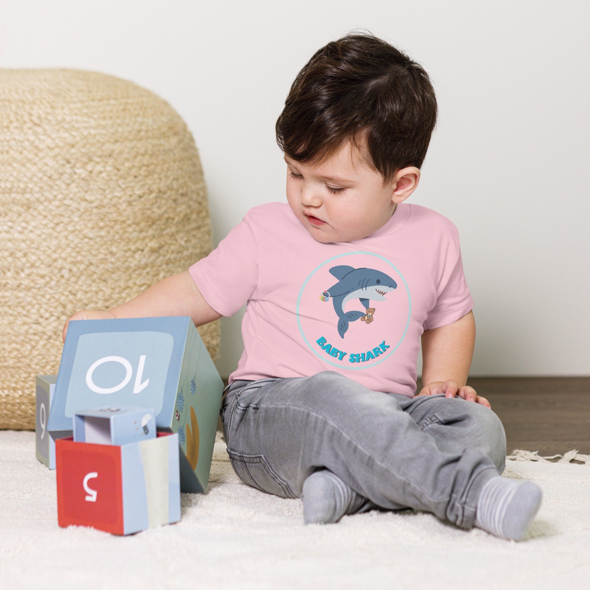 Baby Shark Toddler Shirt, Cute Cartoon Shark with Rattle & Teddy Bear