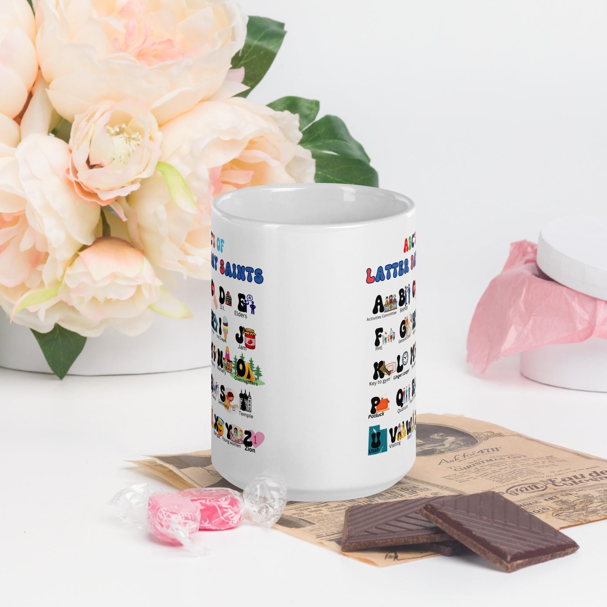 LDS Mug, LDS alphabet ceramic mug, LDS hot chocolate mug, Latter Day Saint Mug white ceramic