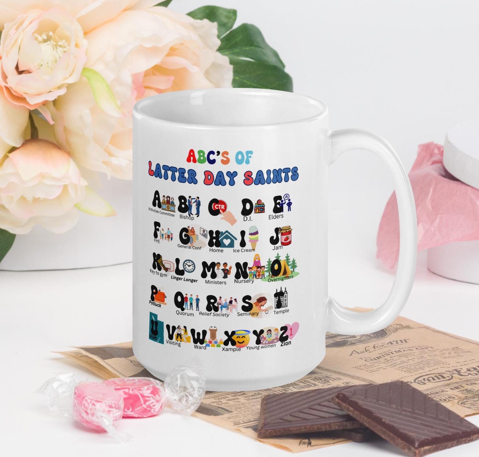 LDS Mug, LDS alphabet ceramic mug, LDS hot chocolate mug, Latter Day Saint Mug white ceramic