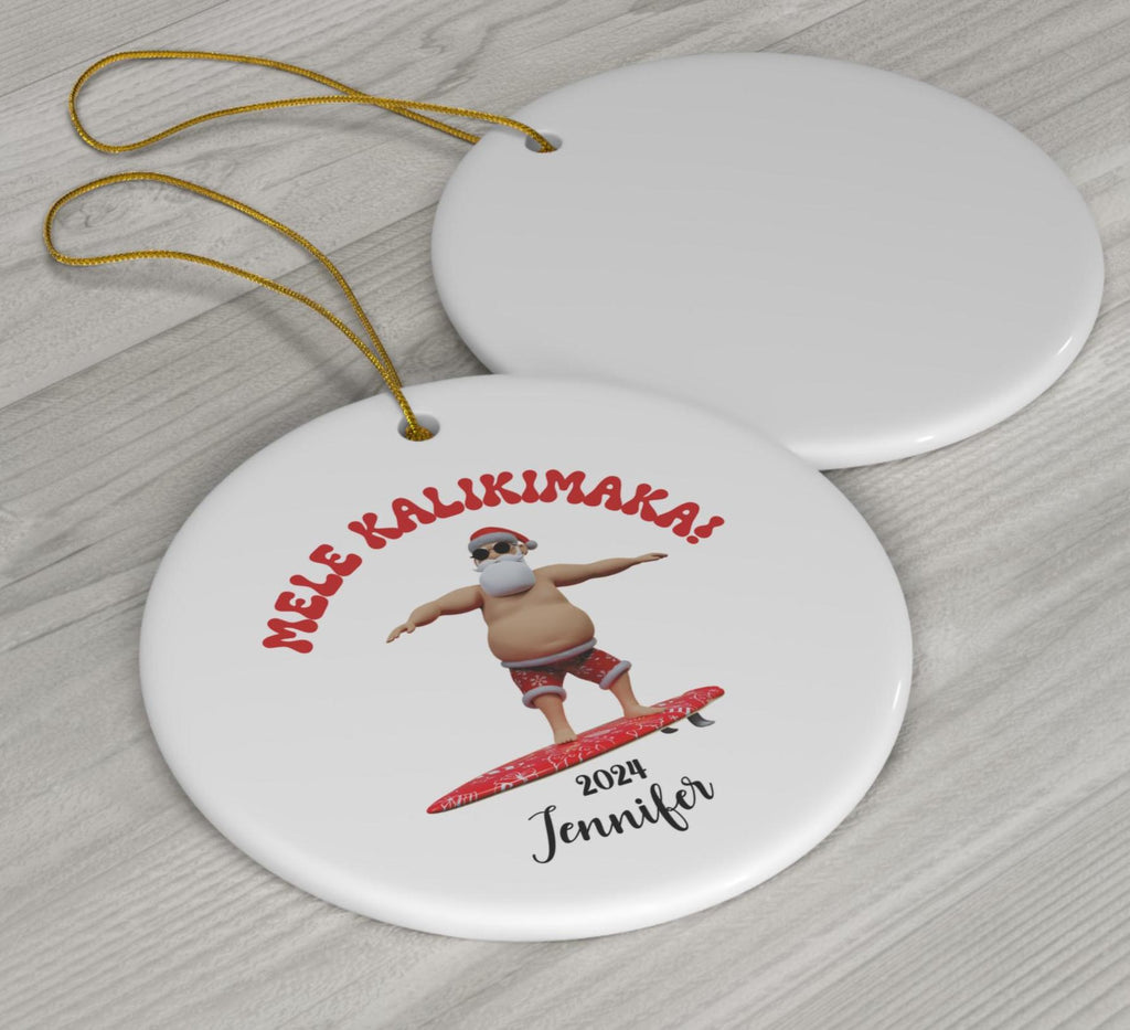 Personalized Surfing Santa Ornament, Hawaiian Santa ornament, Mele Kalikimaka ornament, Personalized Hawaii ornament, Custom Santa ornament