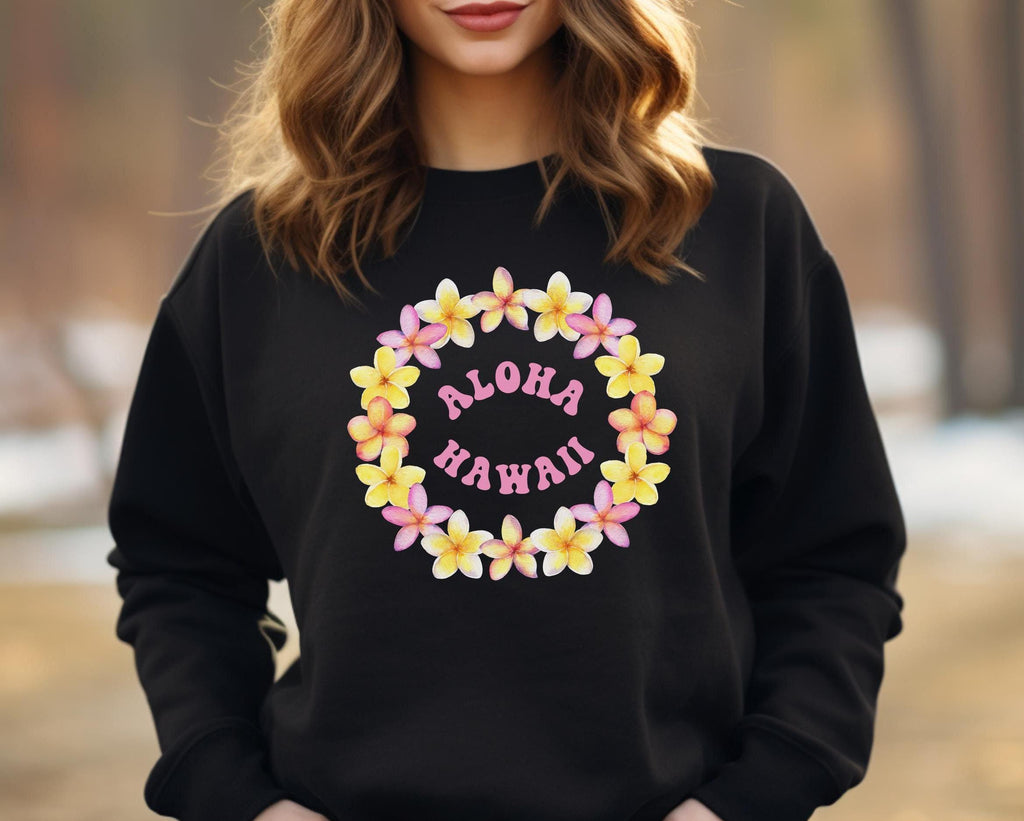 Aloha Hawaii Sweatshirt: Plumeria Flower Wreath, Gildan Cotton Blend