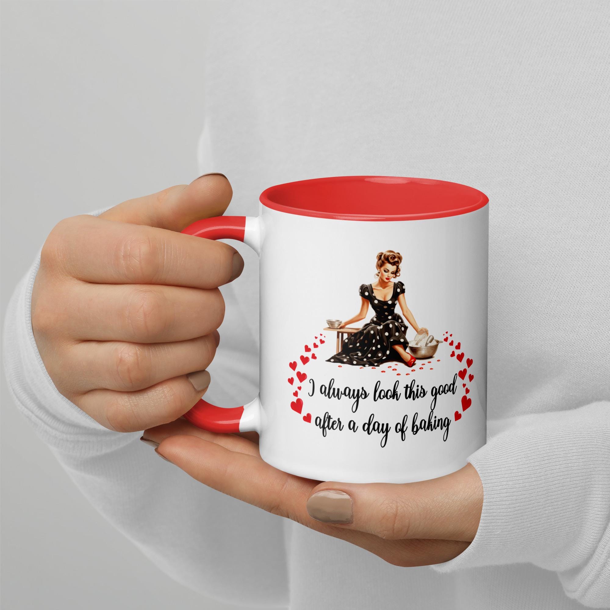 Retro 50s housewife mug, retro coffee or hot chocolate mug, great gift for a baker, or cake maker. Color Inside