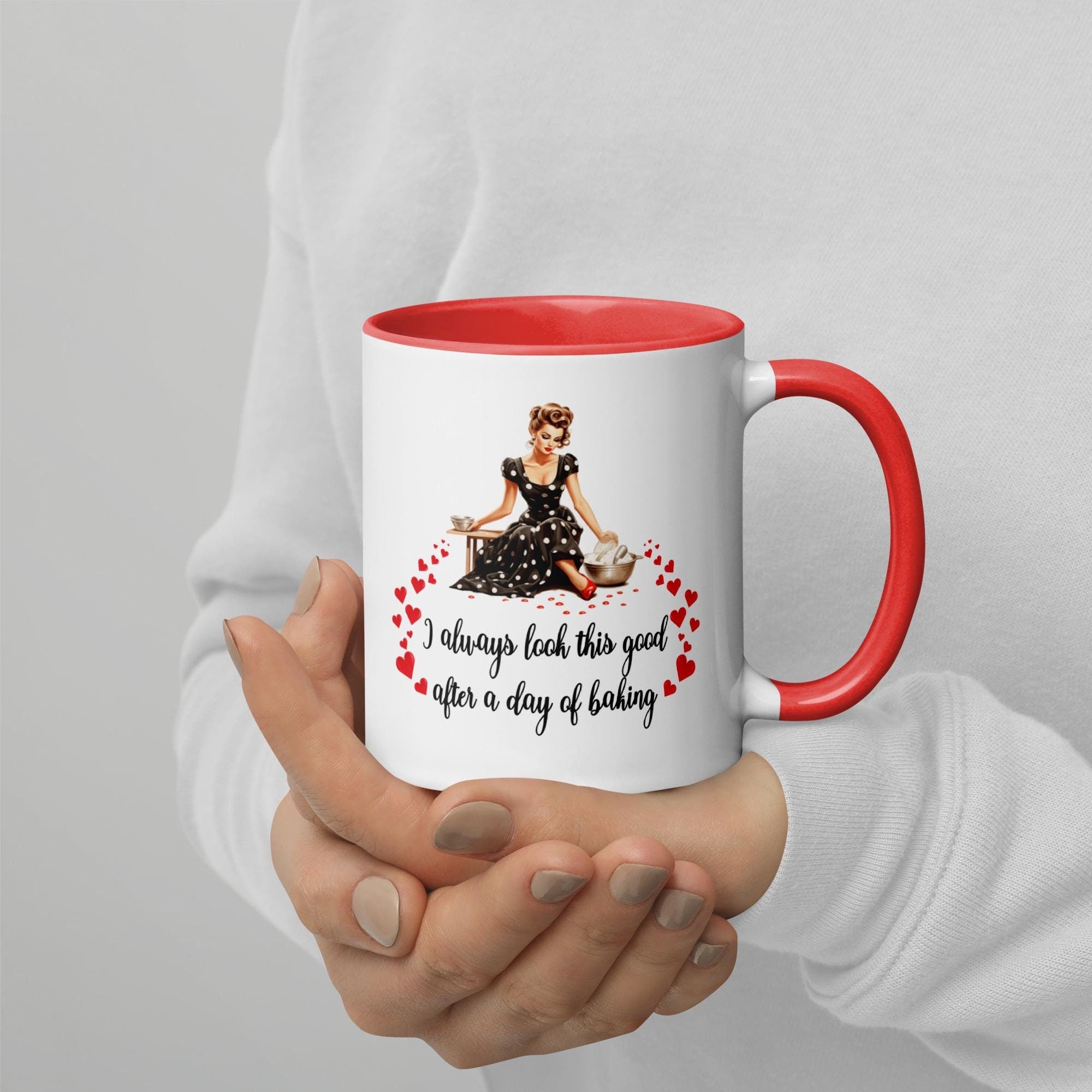 Retro 50s housewife mug, retro coffee or hot chocolate mug, great gift for a baker, or cake maker. Color Inside