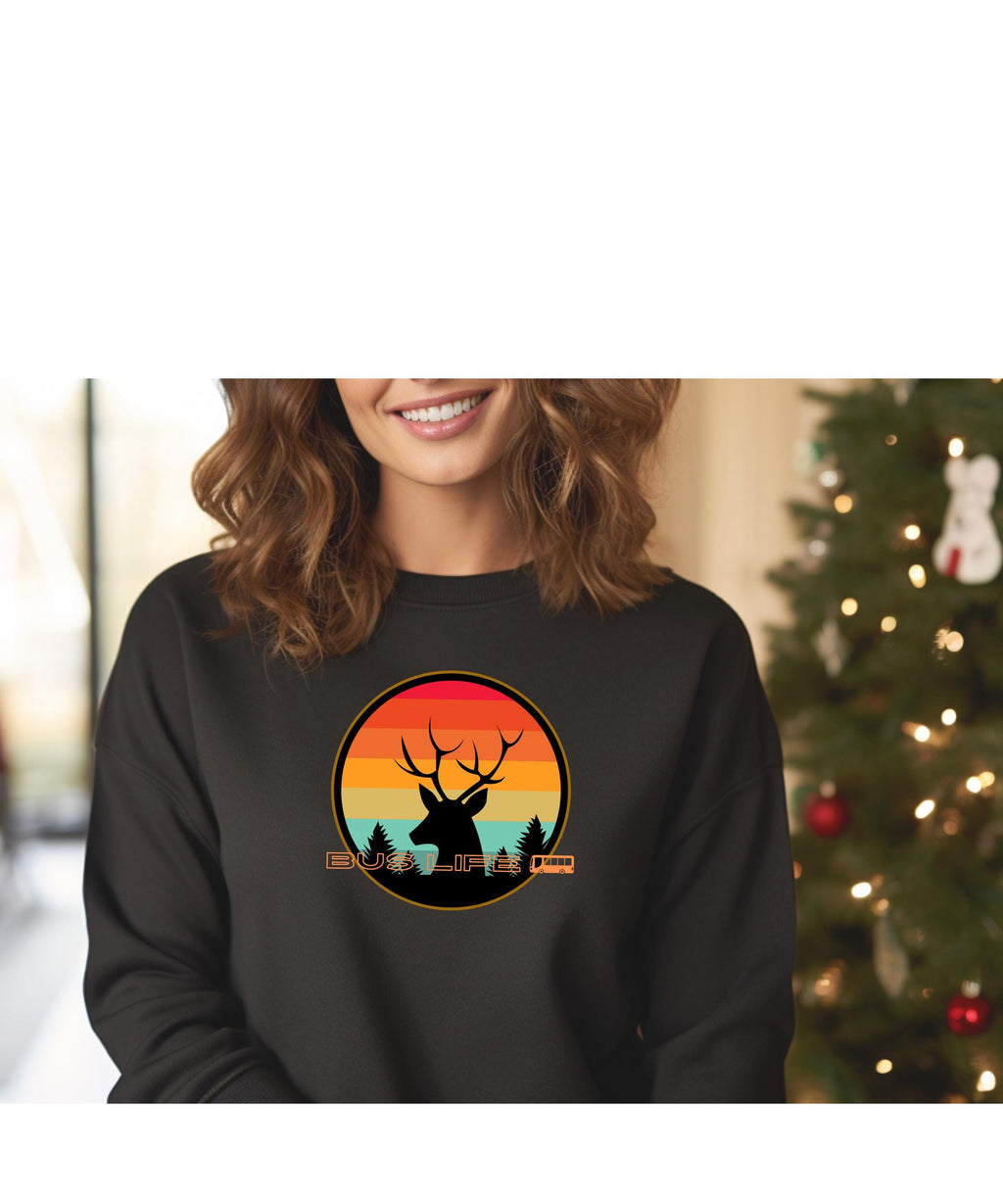 Retro Sunset Deer Bus Life Sweatshirt: Nomad Gift