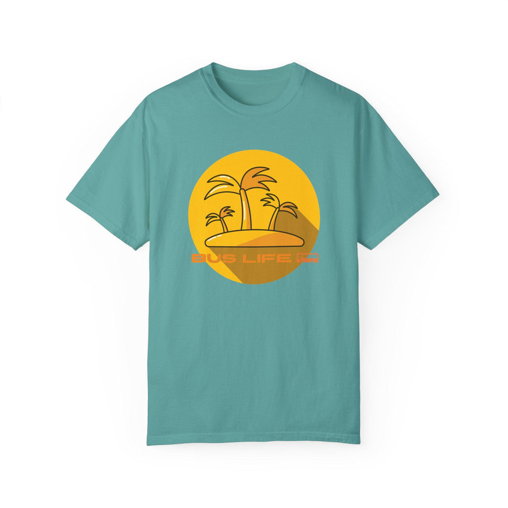 Bus Life Comfort Colors T-shirt: Yellow Bus & Palms Design