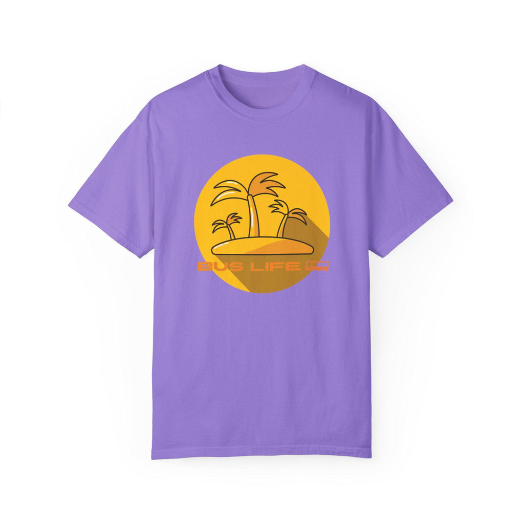 Bus Life Comfort Colors T-shirt: Yellow Bus & Palms Design