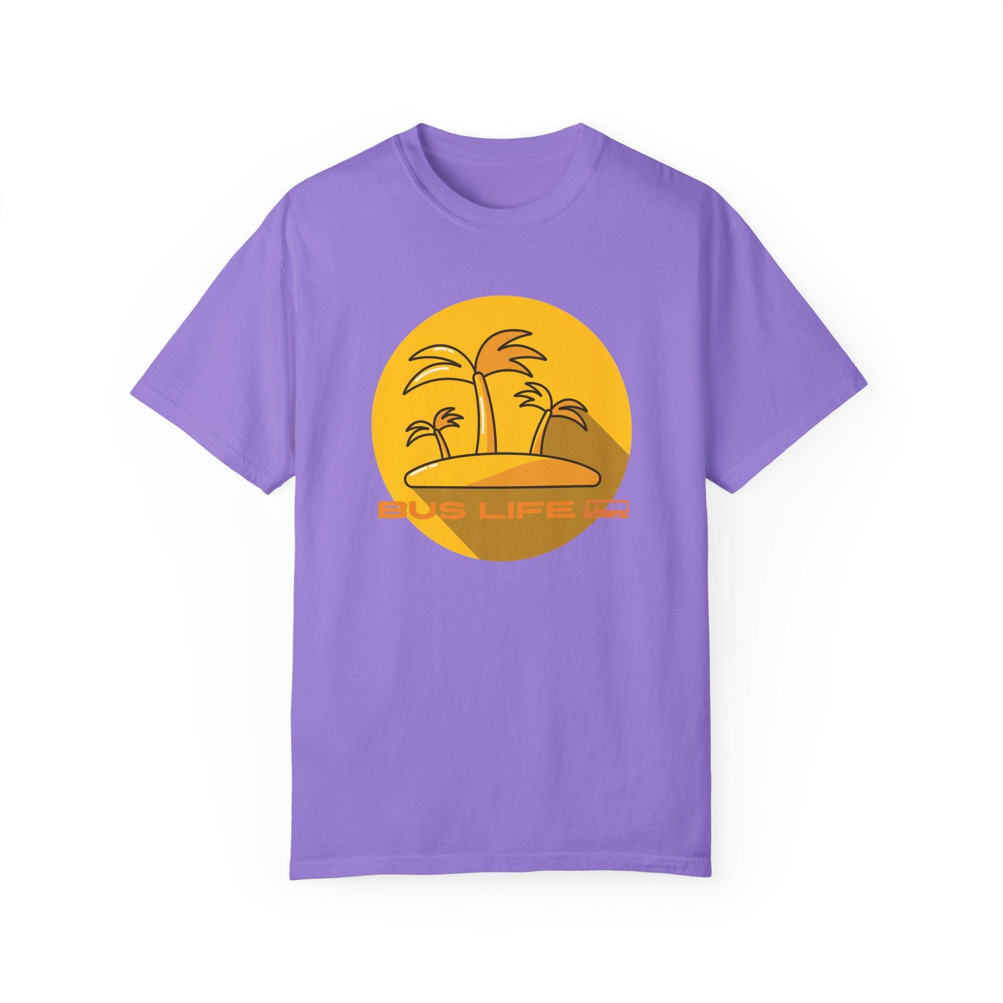 Bus Life Comfort Colors T-shirt: Yellow Bus & Palms Design