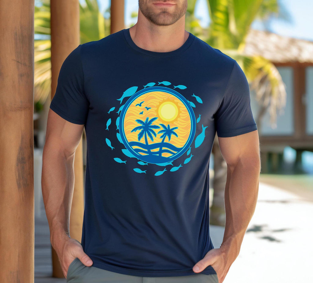 Tropical Sun & Fish Graphic T-Shirt: Hawaii Beach Tee