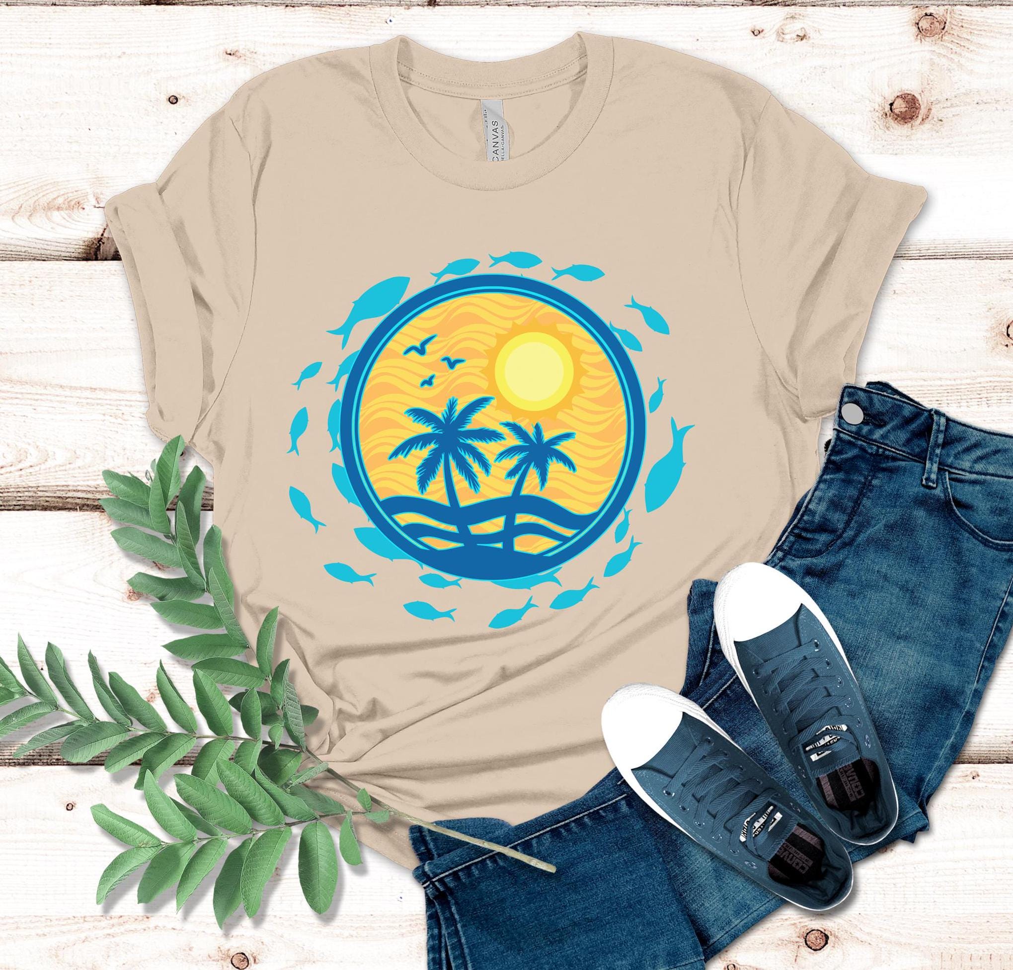 Tropical Sun & Fish Graphic T-Shirt: Hawaii Beach Tee