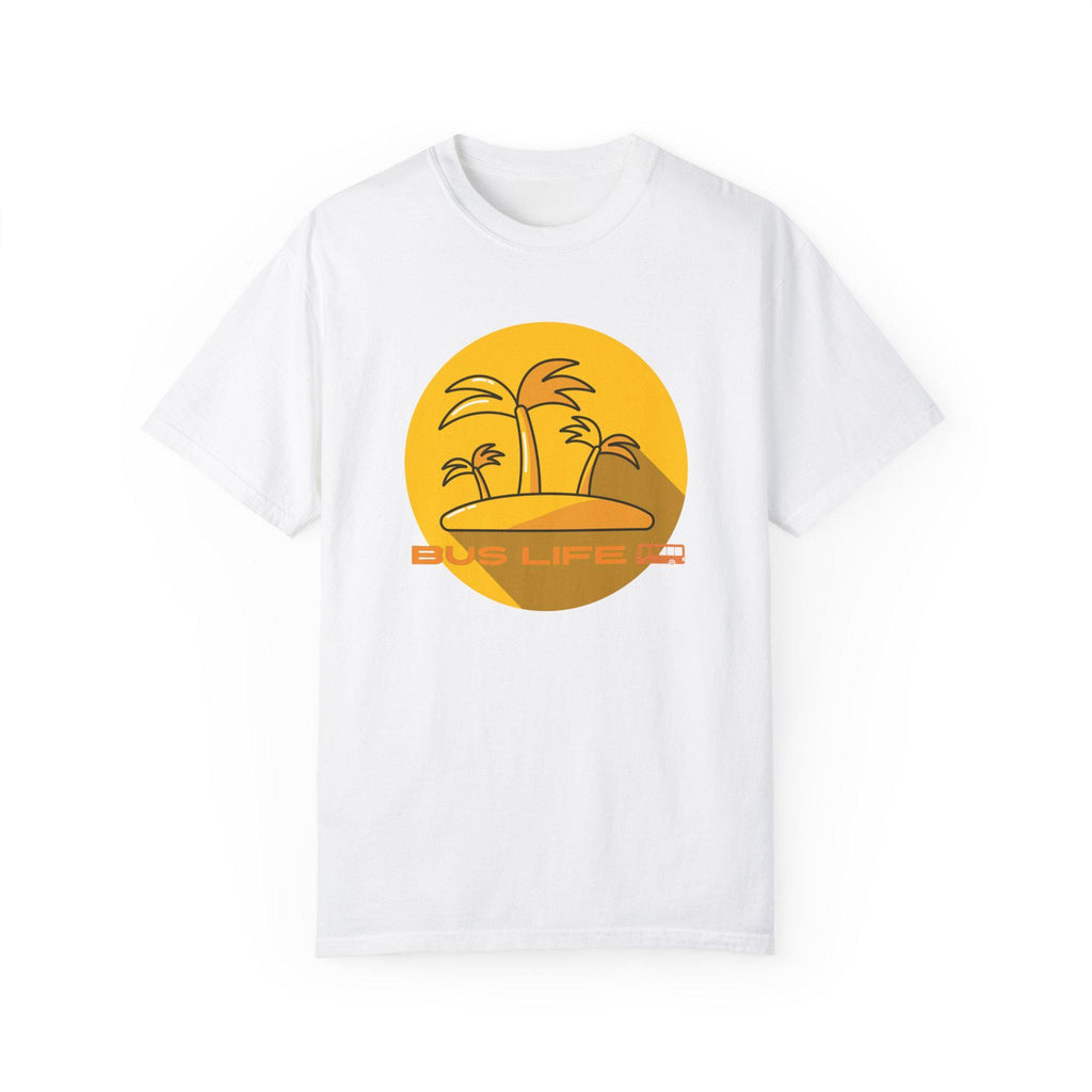 Bus Life Comfort Colors T-shirt: Yellow Bus & Palms Design