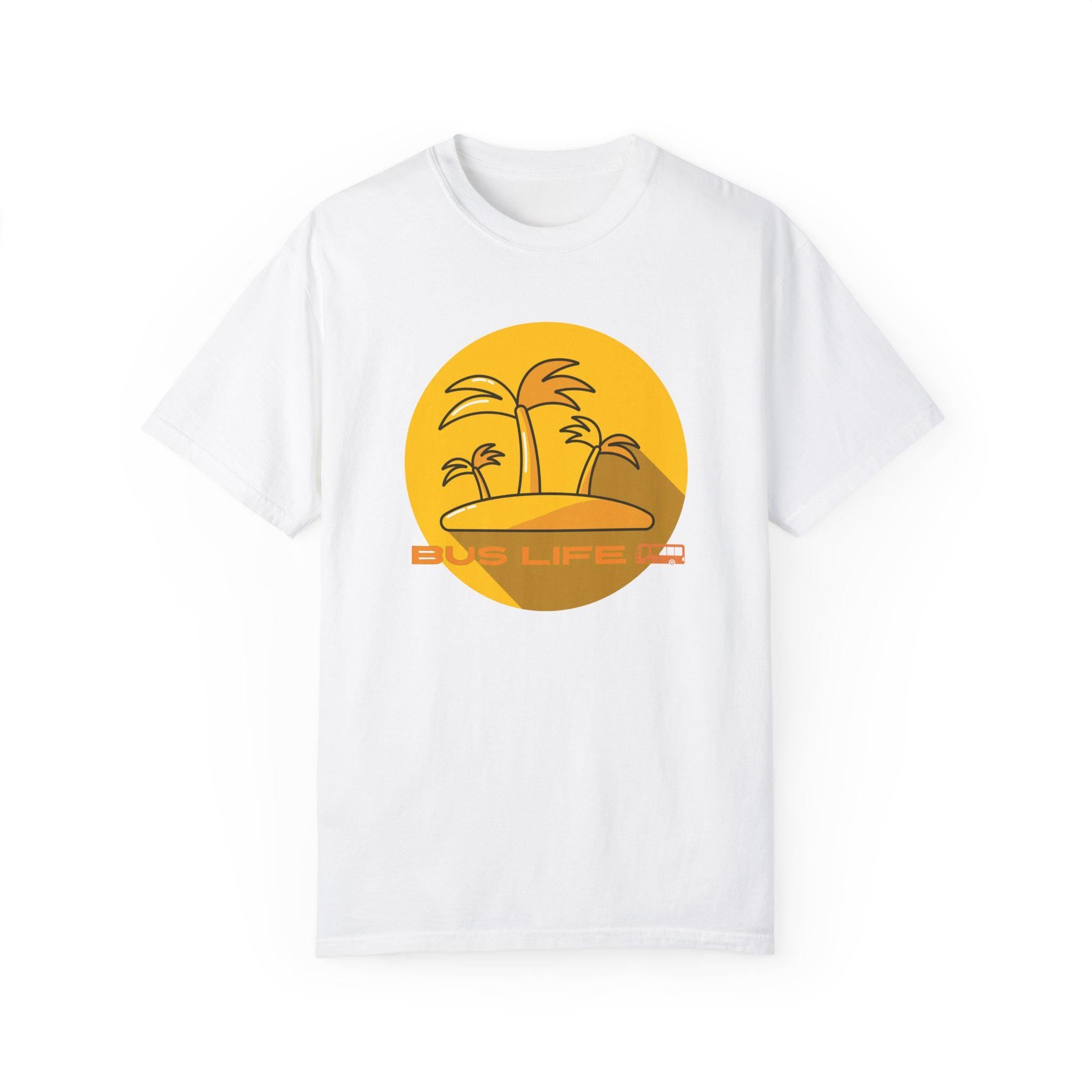 Bus Life Comfort Colors T-shirt: Yellow Bus & Palms Design