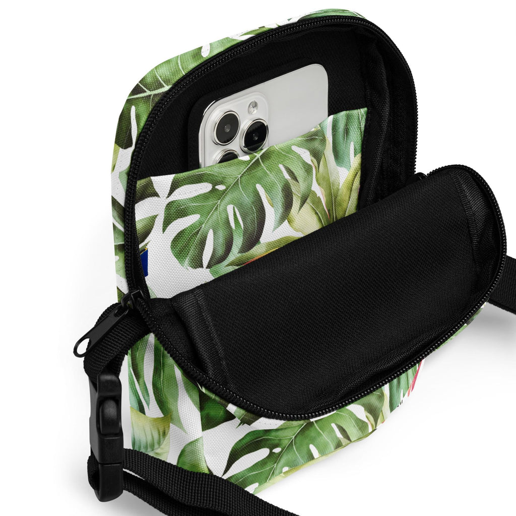 Tropical Leaves Crossbody Bag: Water-Resistant Travel Bag, Adjustable Strap