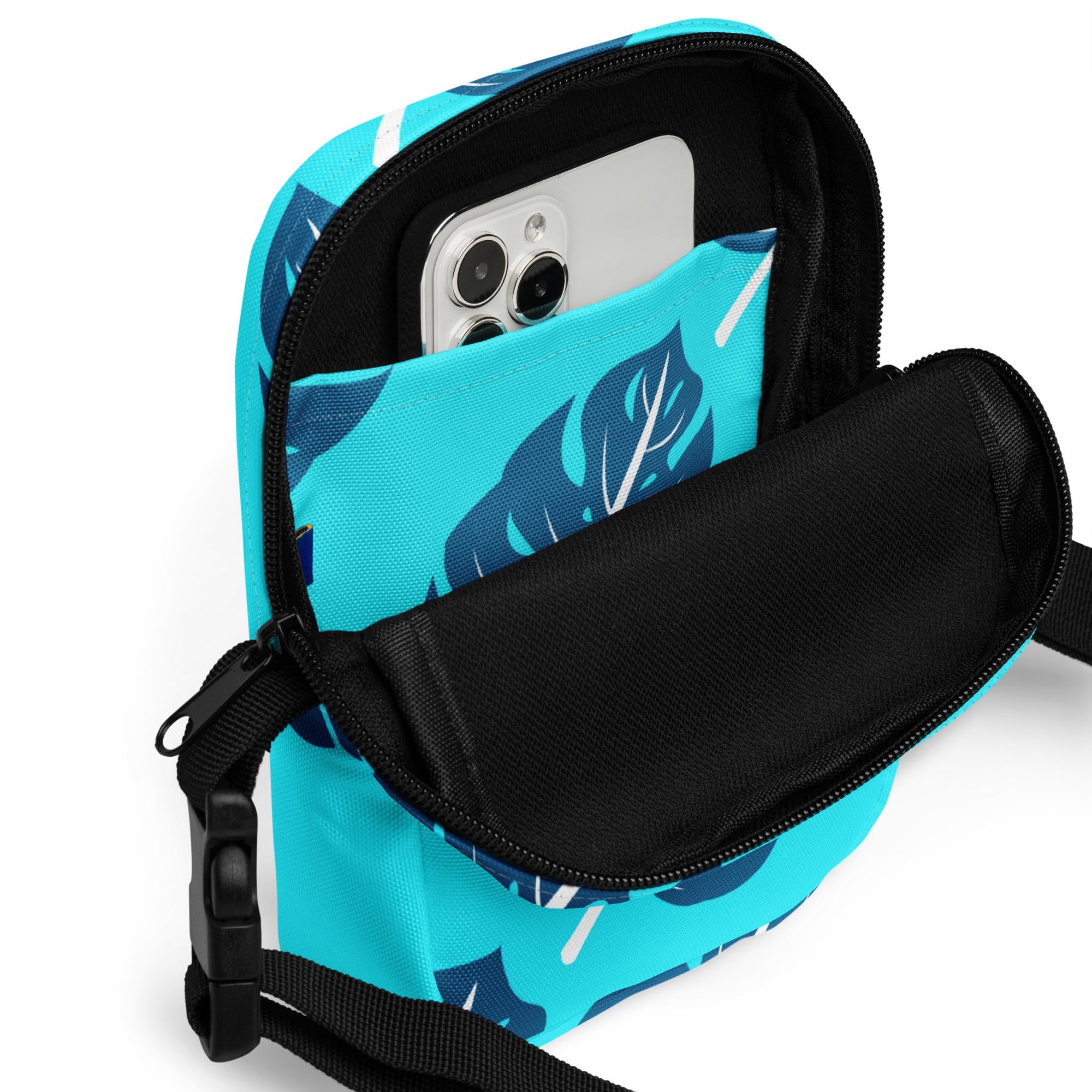 Monstera leaves Crossbody Bag: Tropical Blue Phone Bag, Travel gift small travel bag