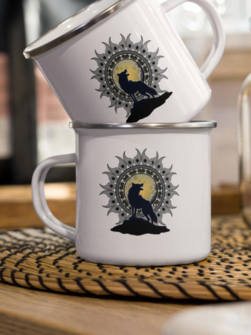 Wolf Mandala Enamel Camping Mug: Hot Chocolate Mug