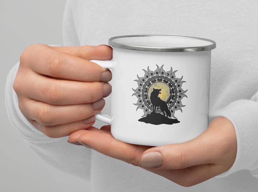 Wolf Mandala Enamel Camping Mug: Hot Chocolate Mug