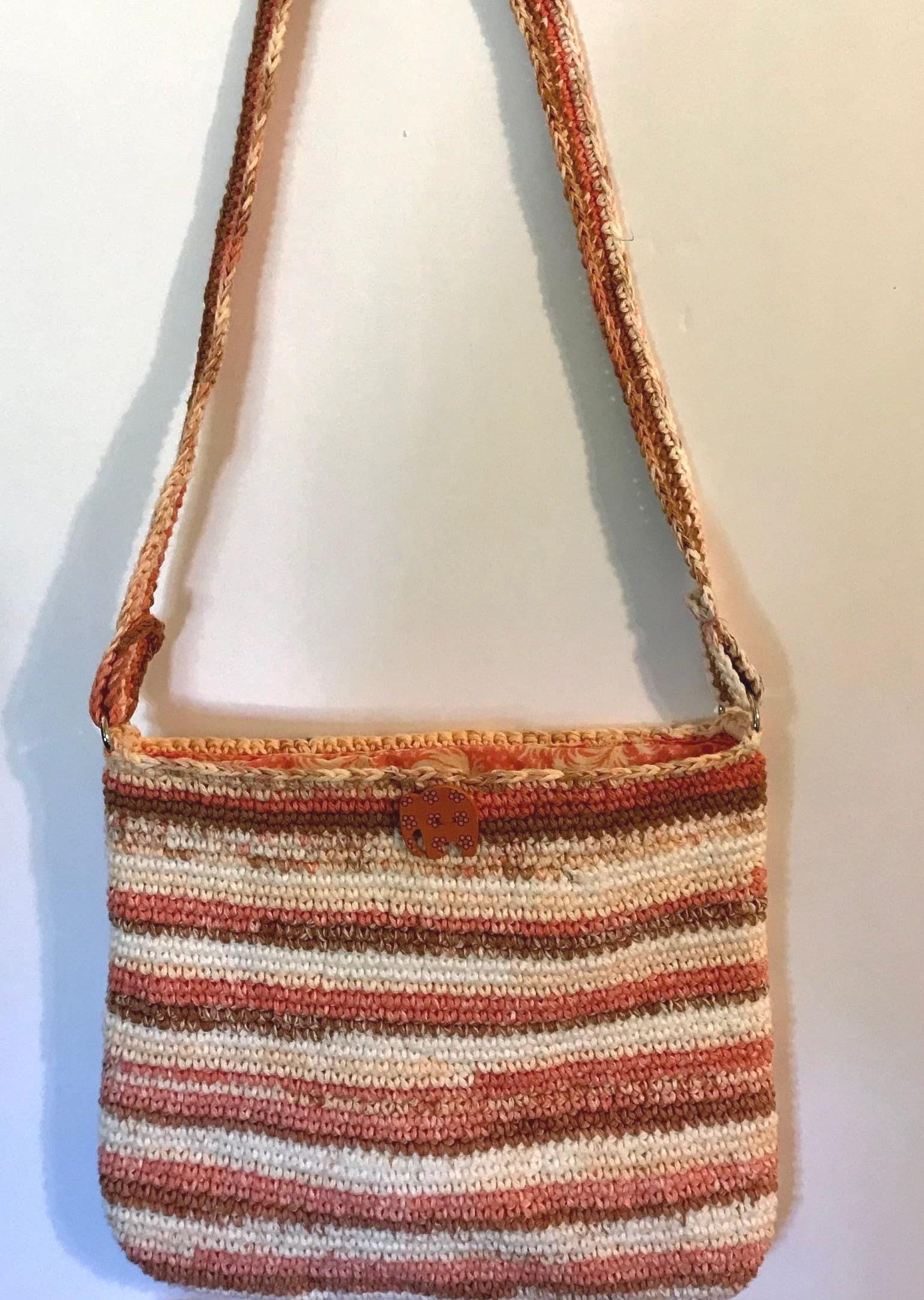 Handmade Crochet Shoulder Bag: Striped Cotton Yarn, Elephant Button