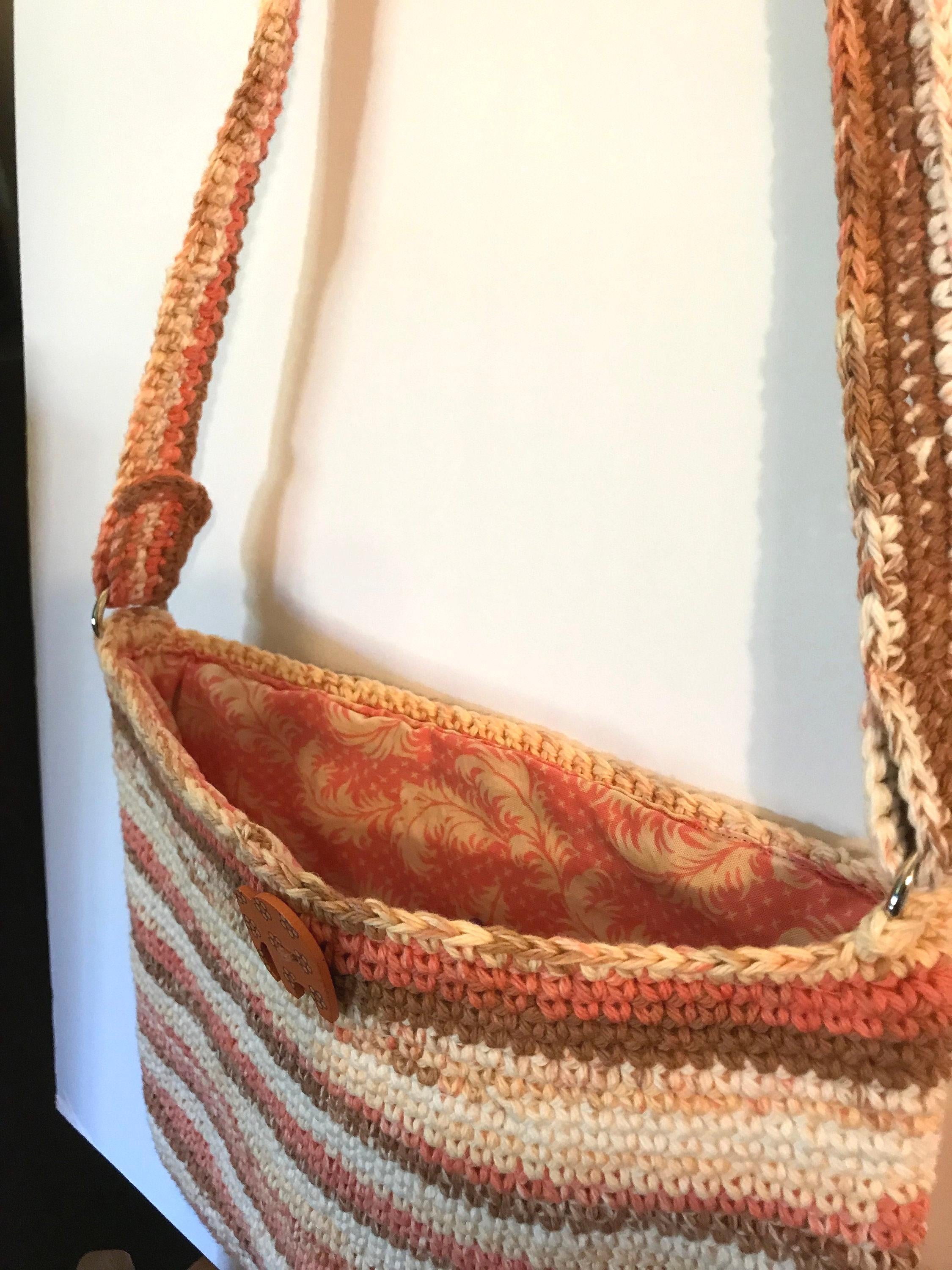 Handmade Crochet Shoulder Bag: Striped Cotton Yarn, Elephant Button