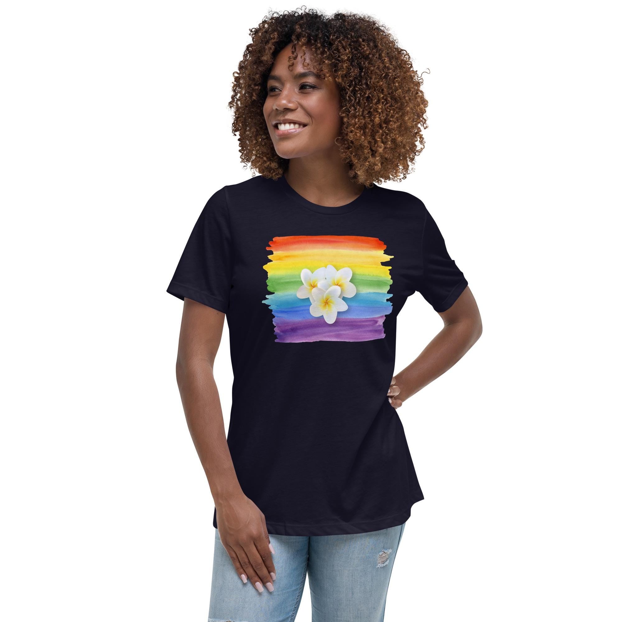 Rainbow Plumeria T-Shirt: Women's Relaxed Fit Tropical Tee
