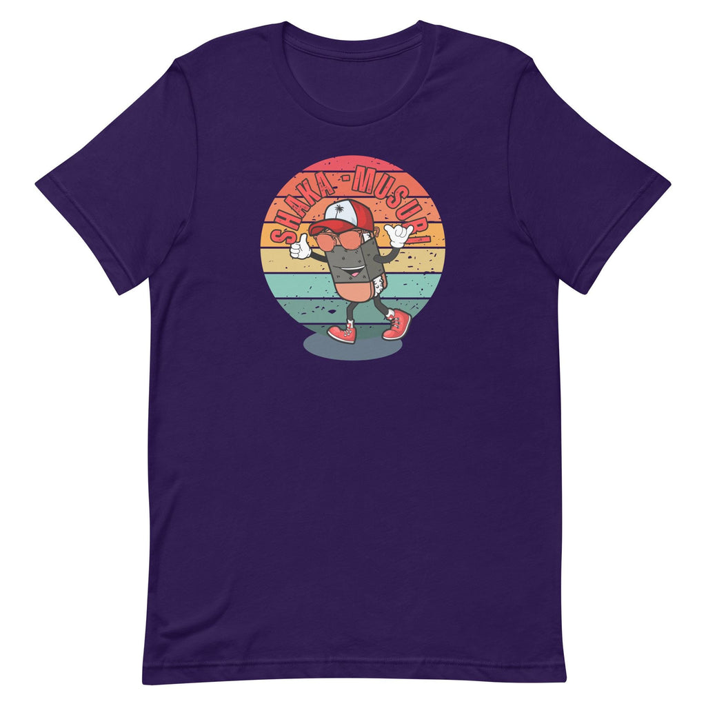 Funny Hawaii Shaka Musubi Man T-Shirt: Retro Sunset Shaka Graphic Tee