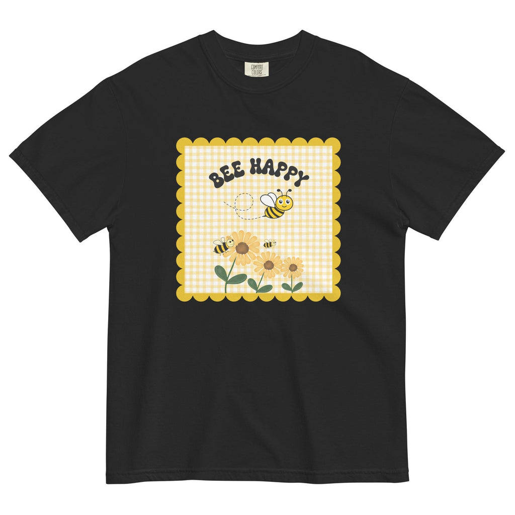 Bee Happy Comfort Colors Shirt: Gingham, Bees & Flowers