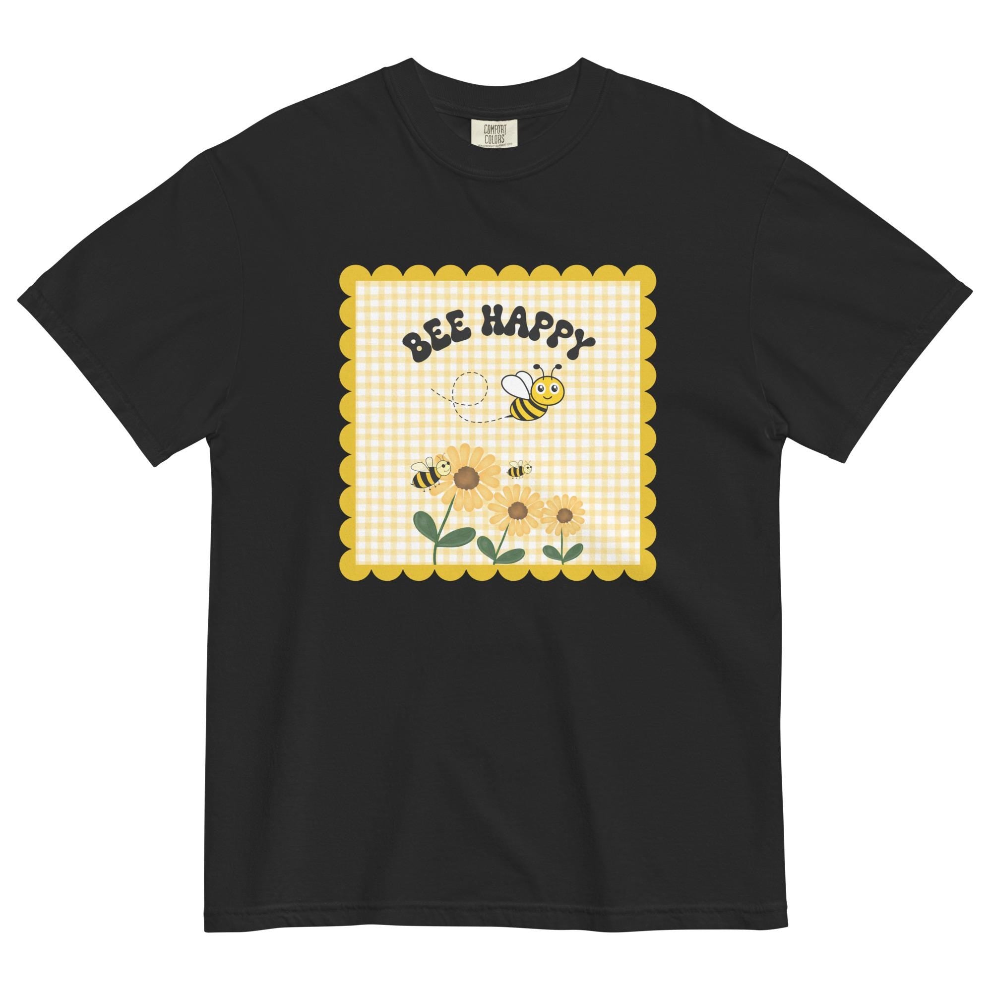 Bee Happy Comfort Colors Shirt: Gingham, Bees & Flowers