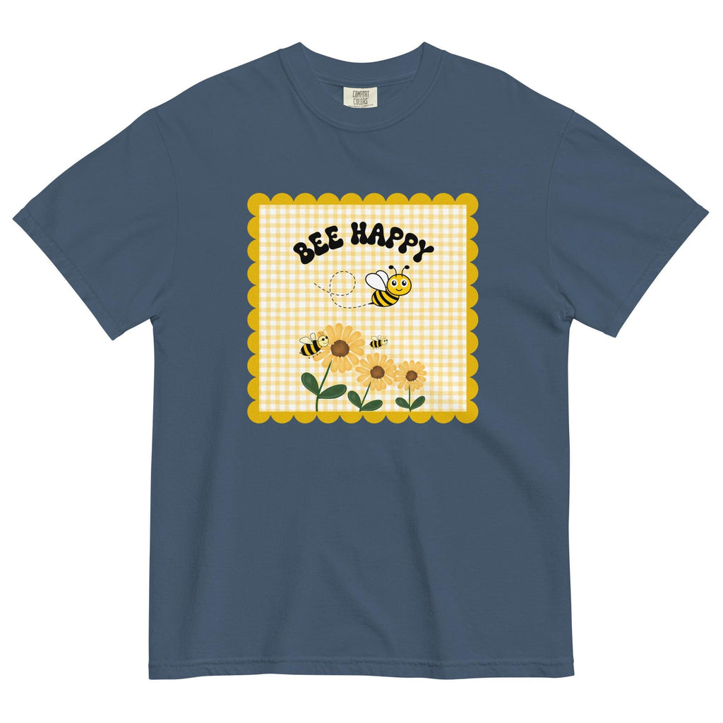 Bee Happy Comfort Colors Shirt: Gingham, Bees & Flowers