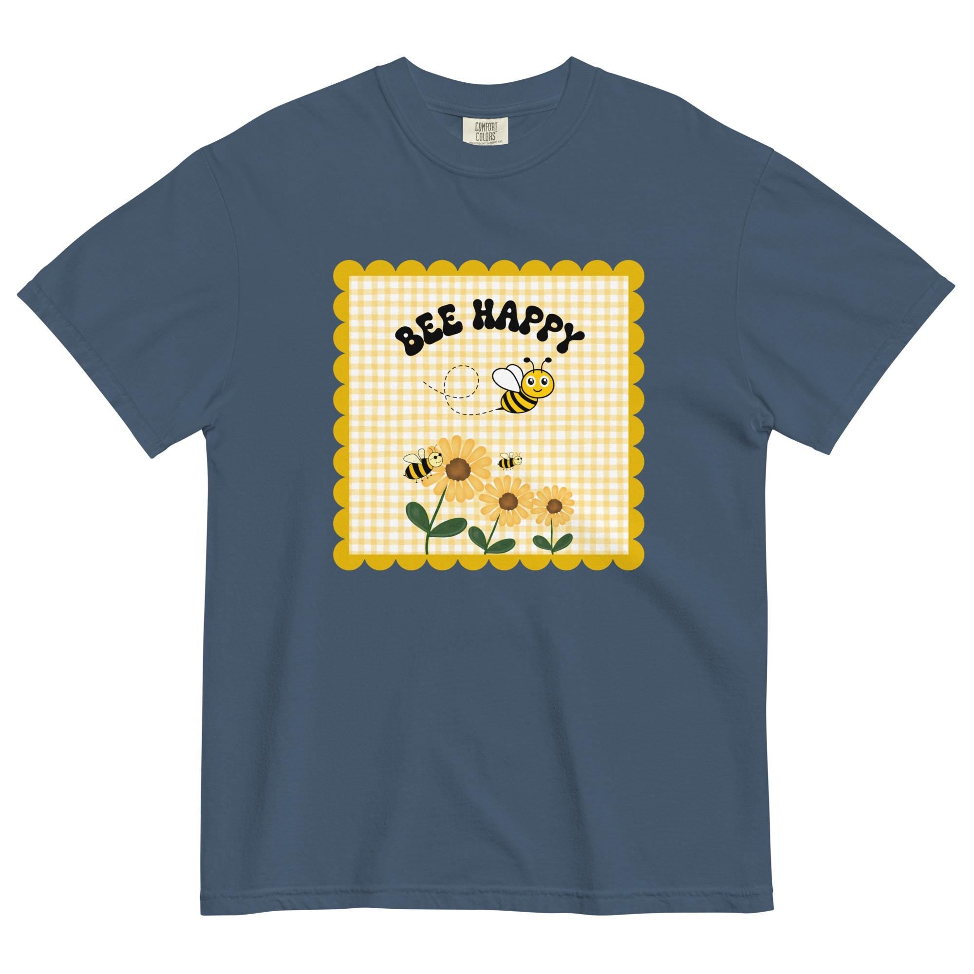Bee Happy Comfort Colors Shirt: Gingham, Bees & Flowers