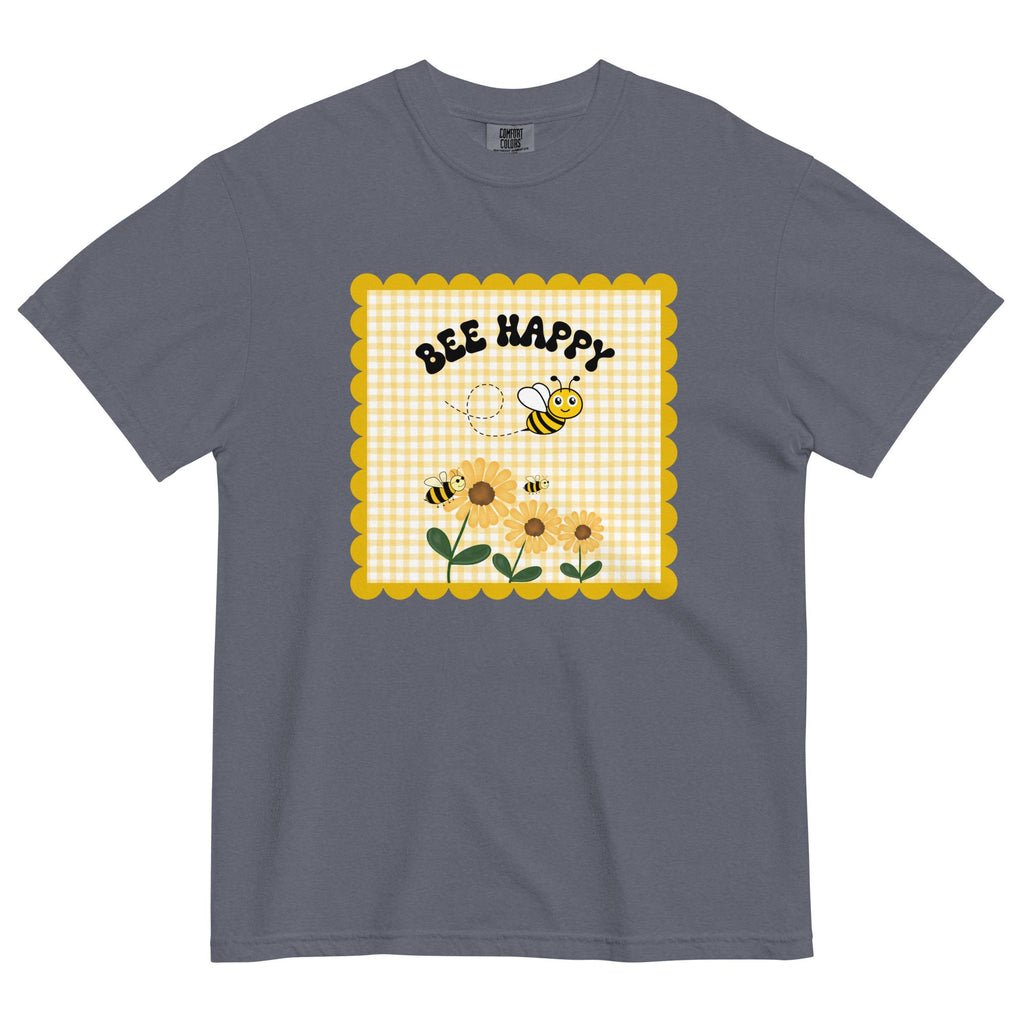 Bee Happy Comfort Colors Shirt: Gingham, Bees & Flowers