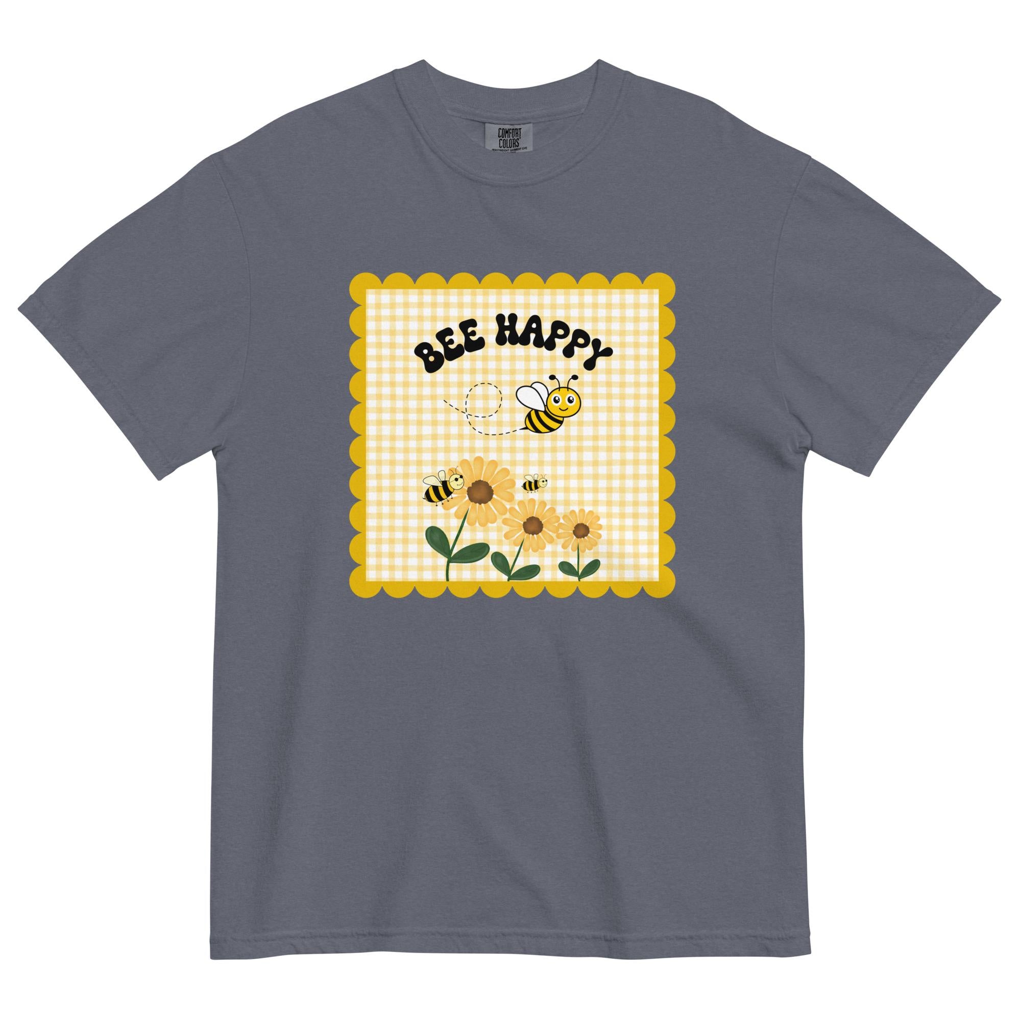 Bee Happy Comfort Colors Shirt: Gingham, Bees & Flowers