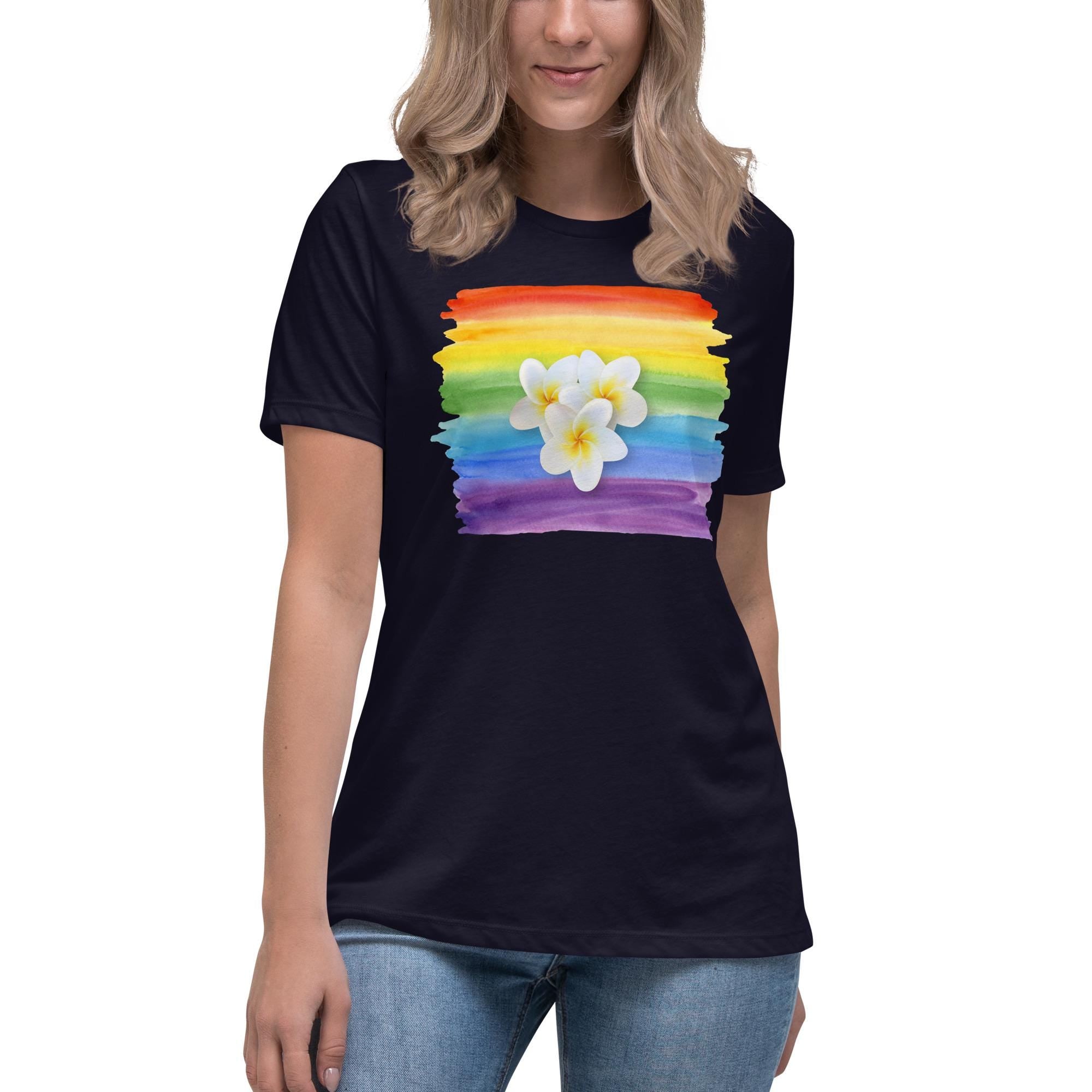 Rainbow Plumeria T-Shirt: Women's Relaxed Fit Tropical Tee