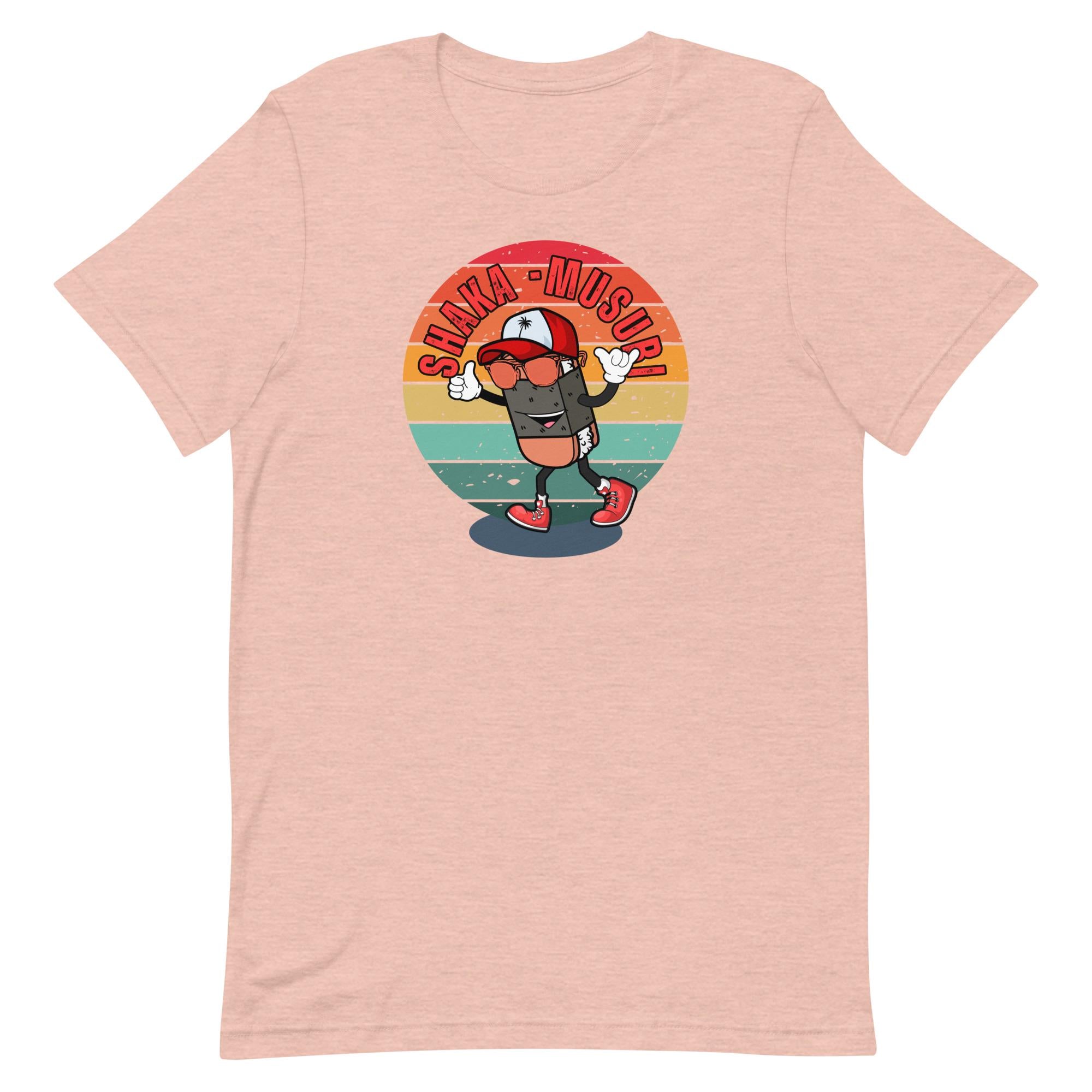 Funny Hawaii Shaka Musubi Man T-Shirt: Retro Sunset Shaka Graphic Tee