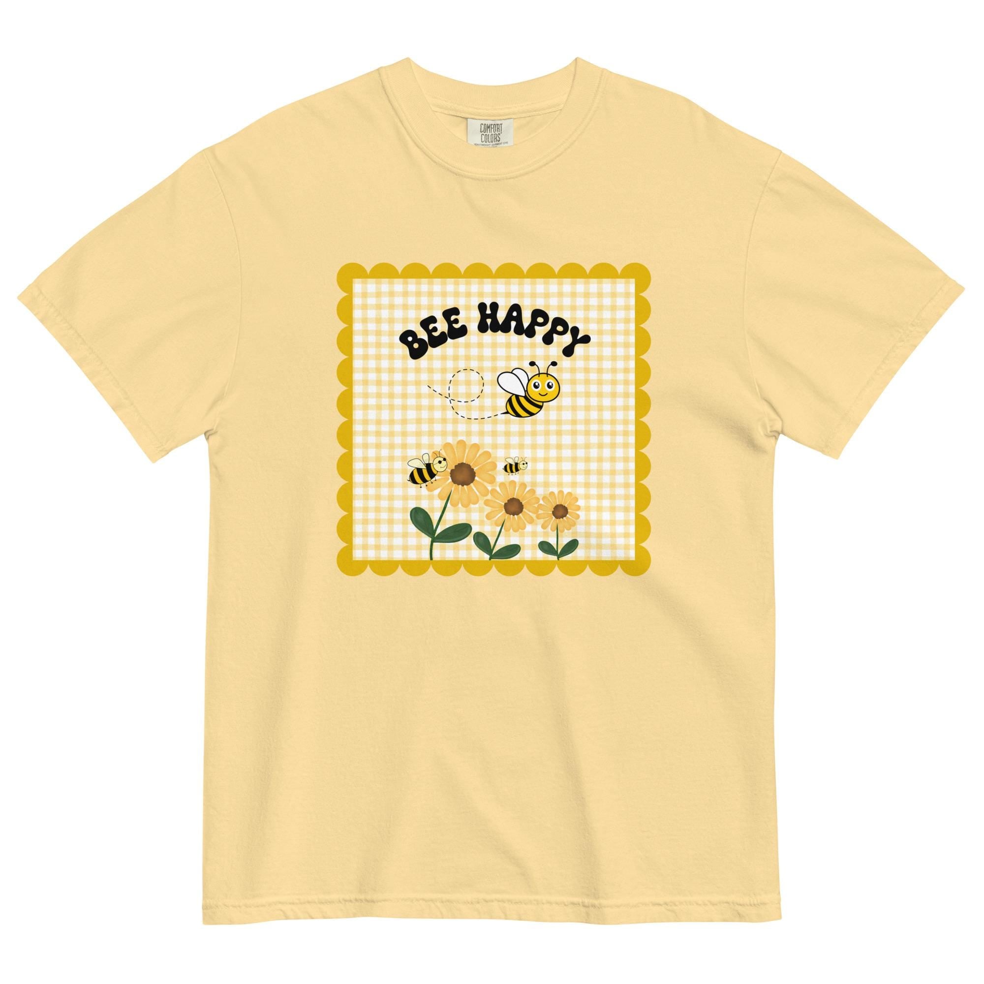 Bee Happy Comfort Colors Shirt: Gingham, Bees & Flowers