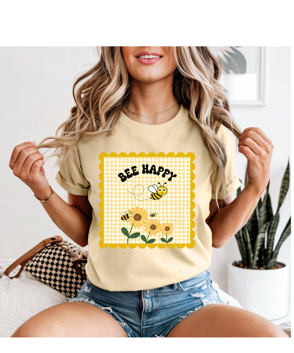 Bee Happy Comfort Colors Shirt: Gingham, Bees & Flowers