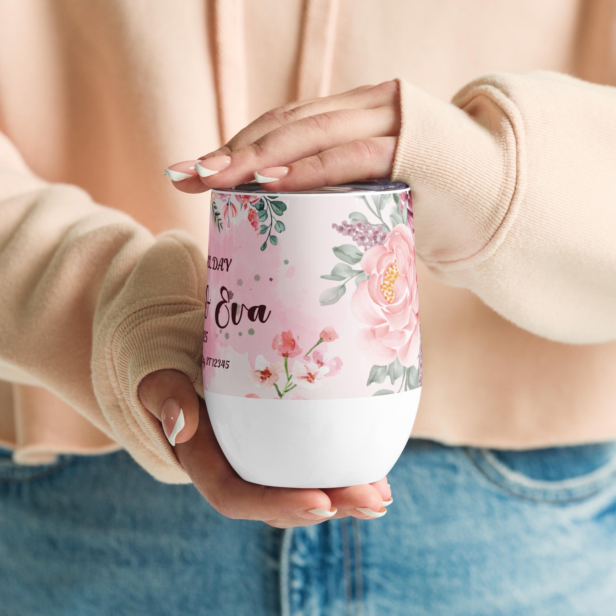 Personalized Wedding Wine Tumbler: Floral Stainless Steel Engagement Gift