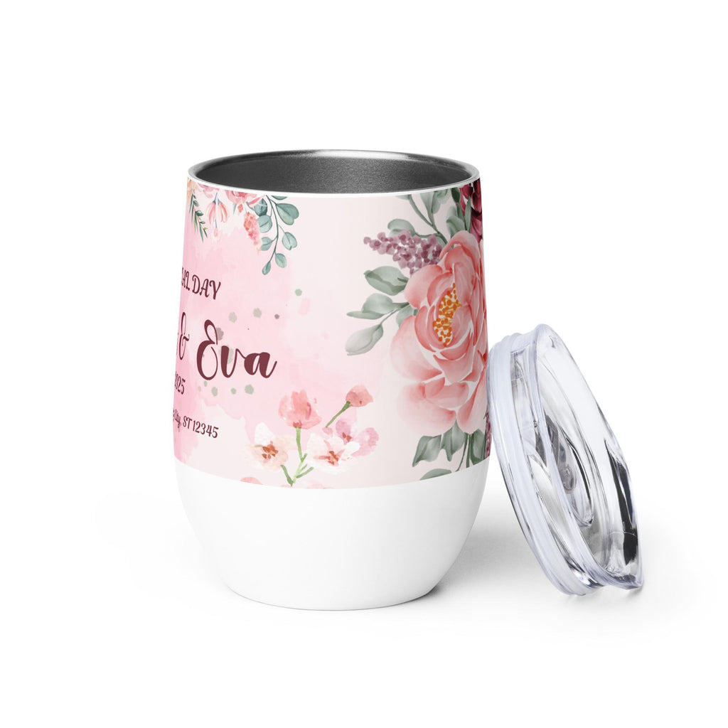 Personalized Wedding Wine Tumbler: Floral Stainless Steel Engagement Gift