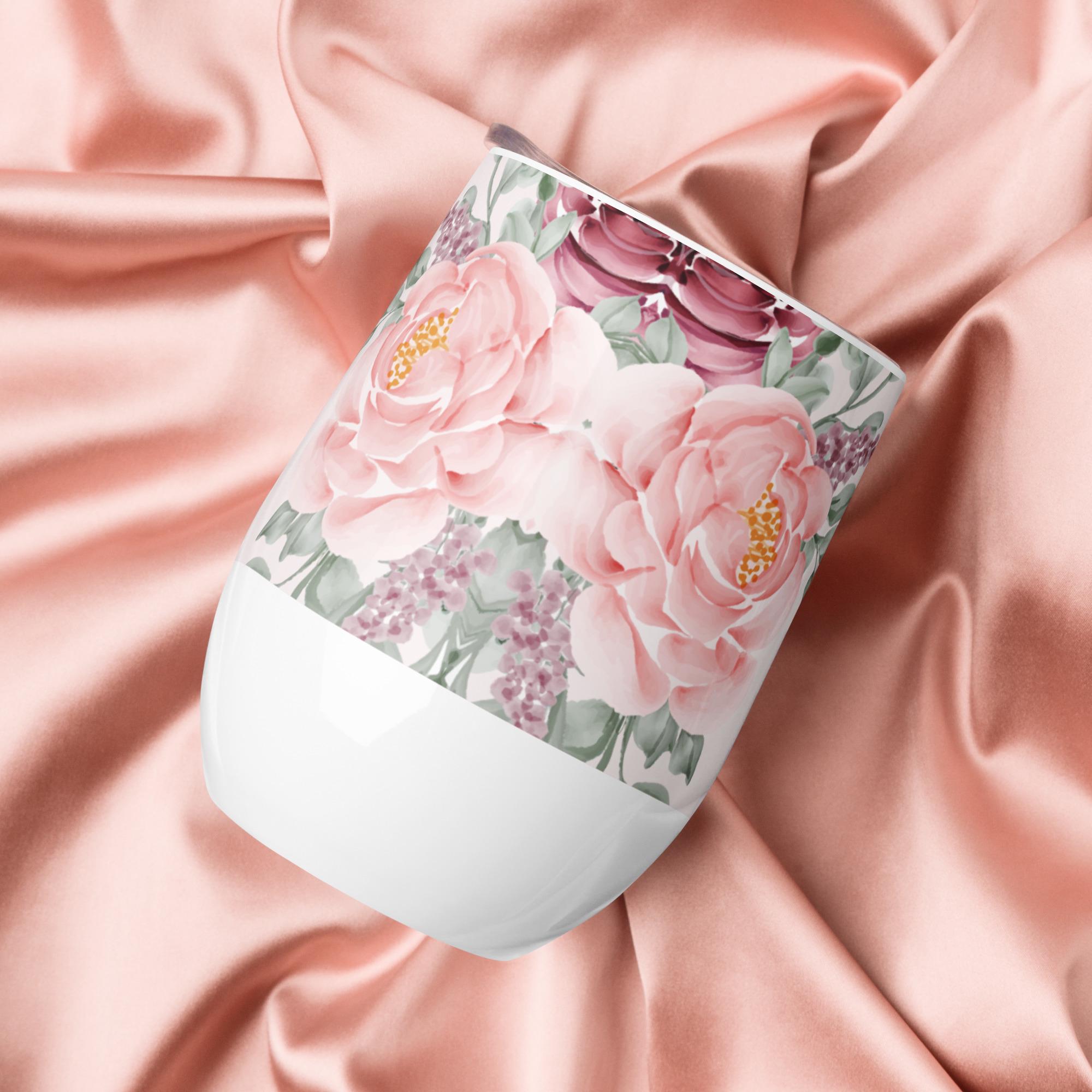 Personalized Wedding Wine Tumbler: Floral Stainless Steel Engagement Gift