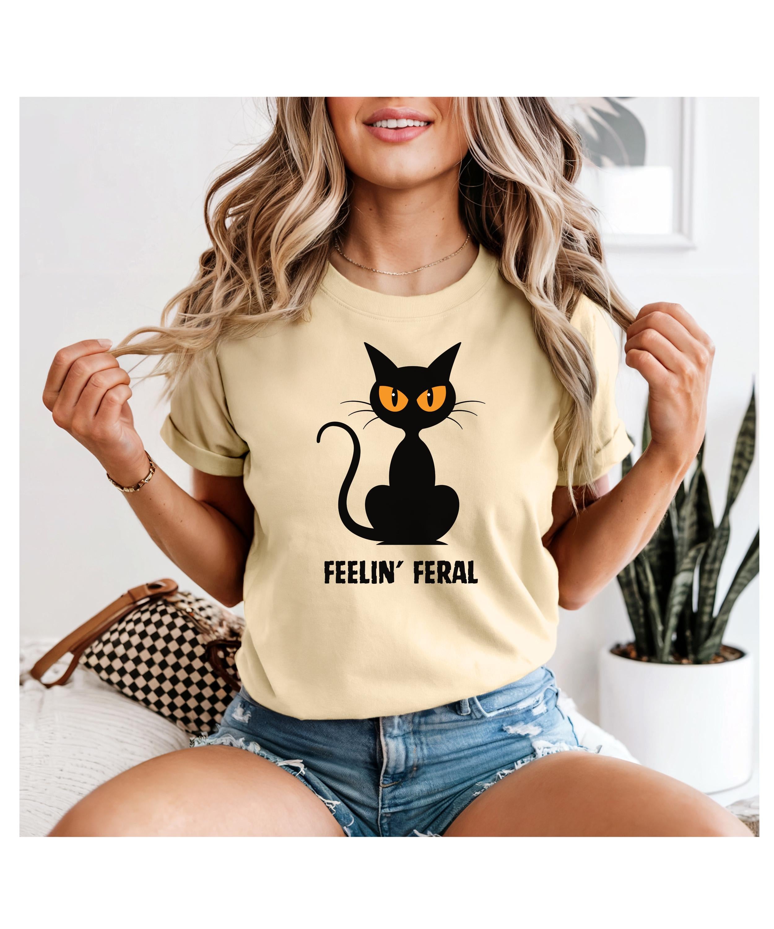 Comfort Colors Black Cat shirt, Feeling Feral cat shirt cat lover gift Halloween black cat t-shirt cotton Unisex garment-dyed tee