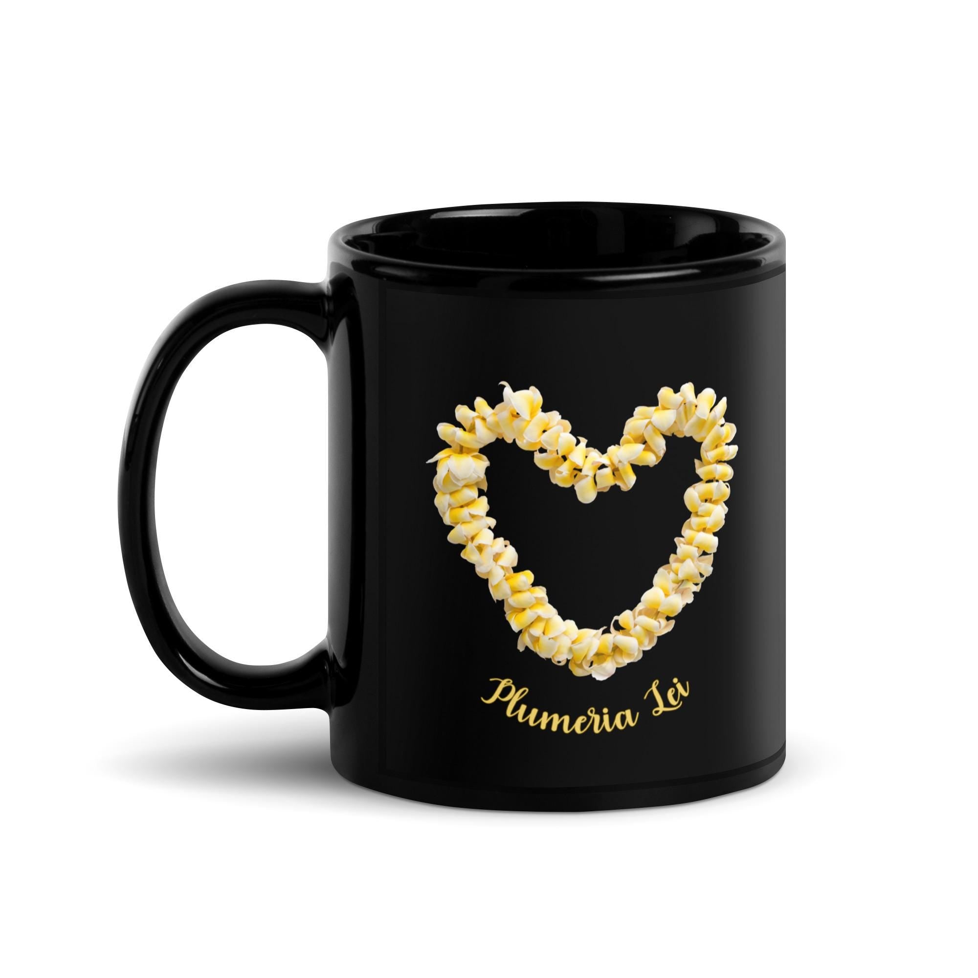 Plumeria Coffee Mug: Hawaiian Floral Gift, black mug plumerias