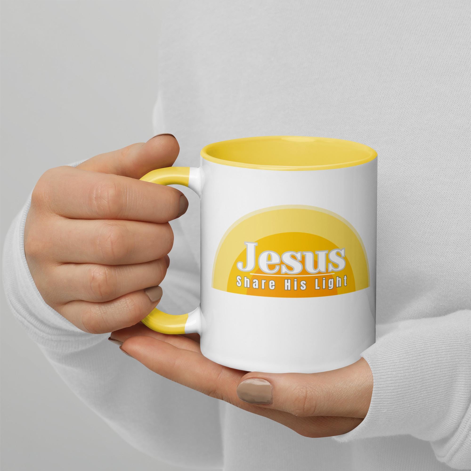 Jesus Coffee Mug yellow Share His Light mug Christian mug gift LDS mug gift Mug with Color Inside