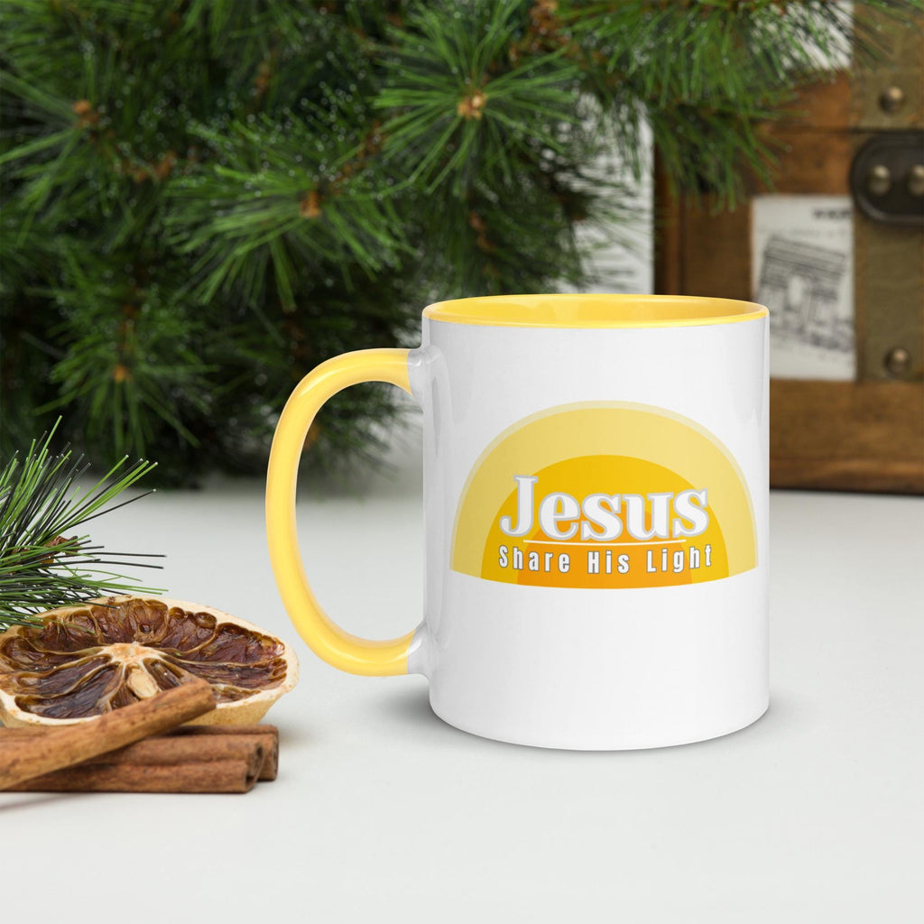 Jesus Coffee Mug yellow Share His Light mug Christian mug gift LDS mug gift Mug with Color Inside