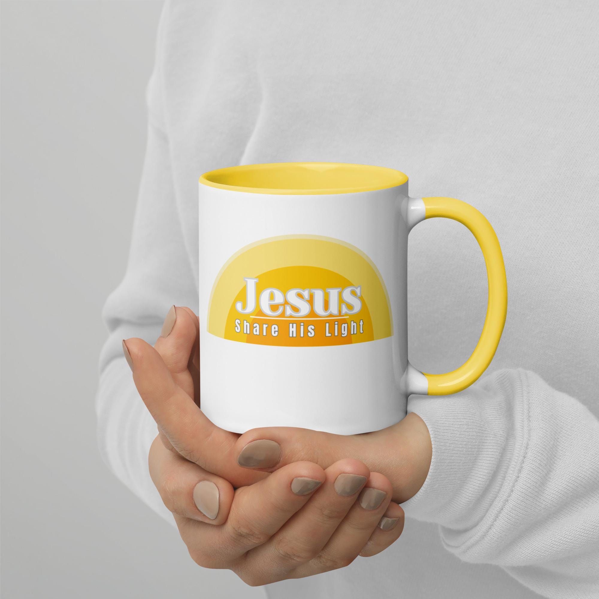 Jesus Coffee Mug yellow Share His Light mug Christian mug gift LDS mug gift Mug with Color Inside