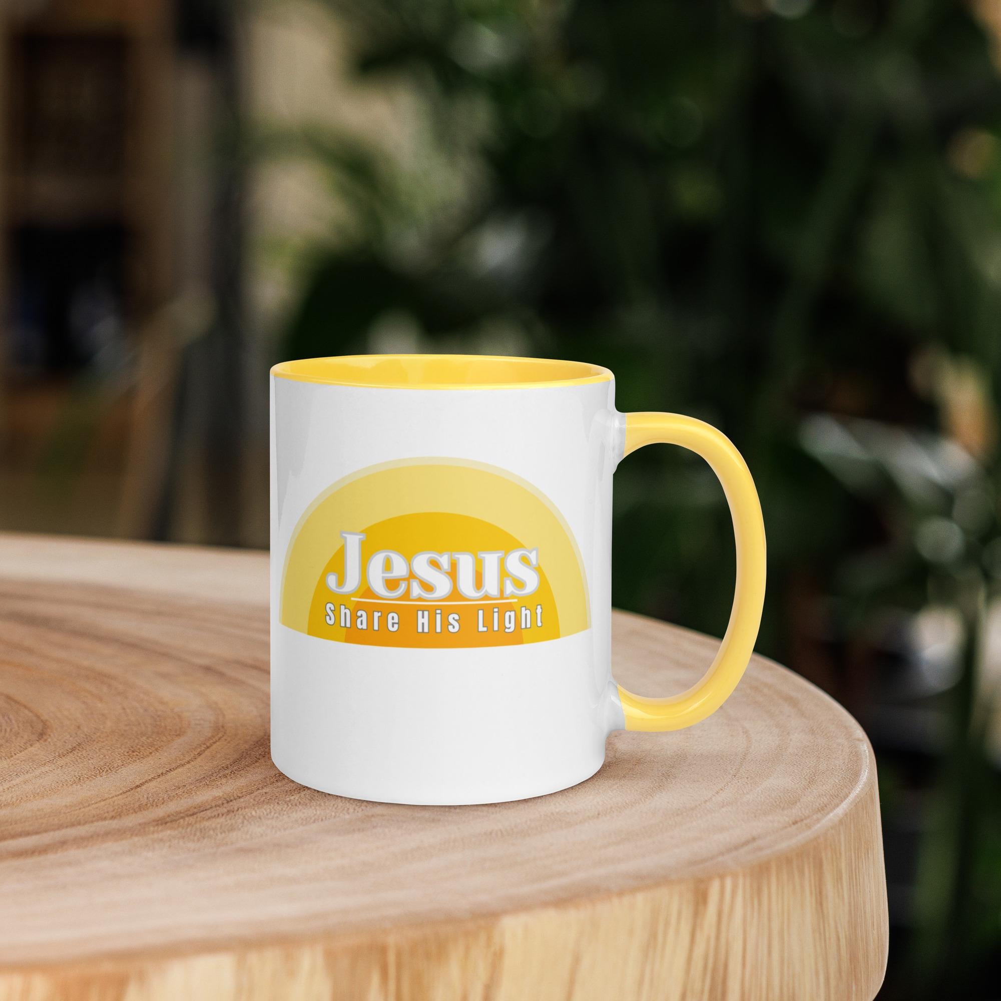 Jesus Coffee Mug yellow Share His Light mug Christian mug gift LDS mug gift Mug with Color Inside