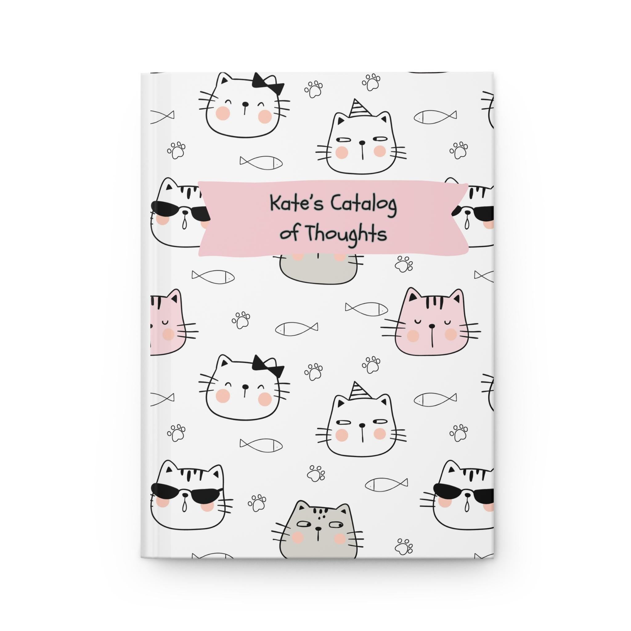 Cute cats Hardcover Journal Matte Personalized Kate's Catalog of Thoughts, custom name journal