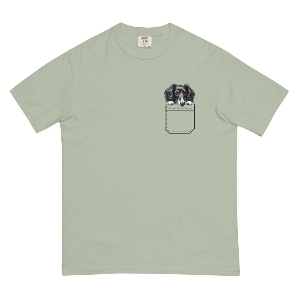 Dachshund Puppy Comfort Colors Shirt, personalized Faux Pocket Tee long hair dachshund