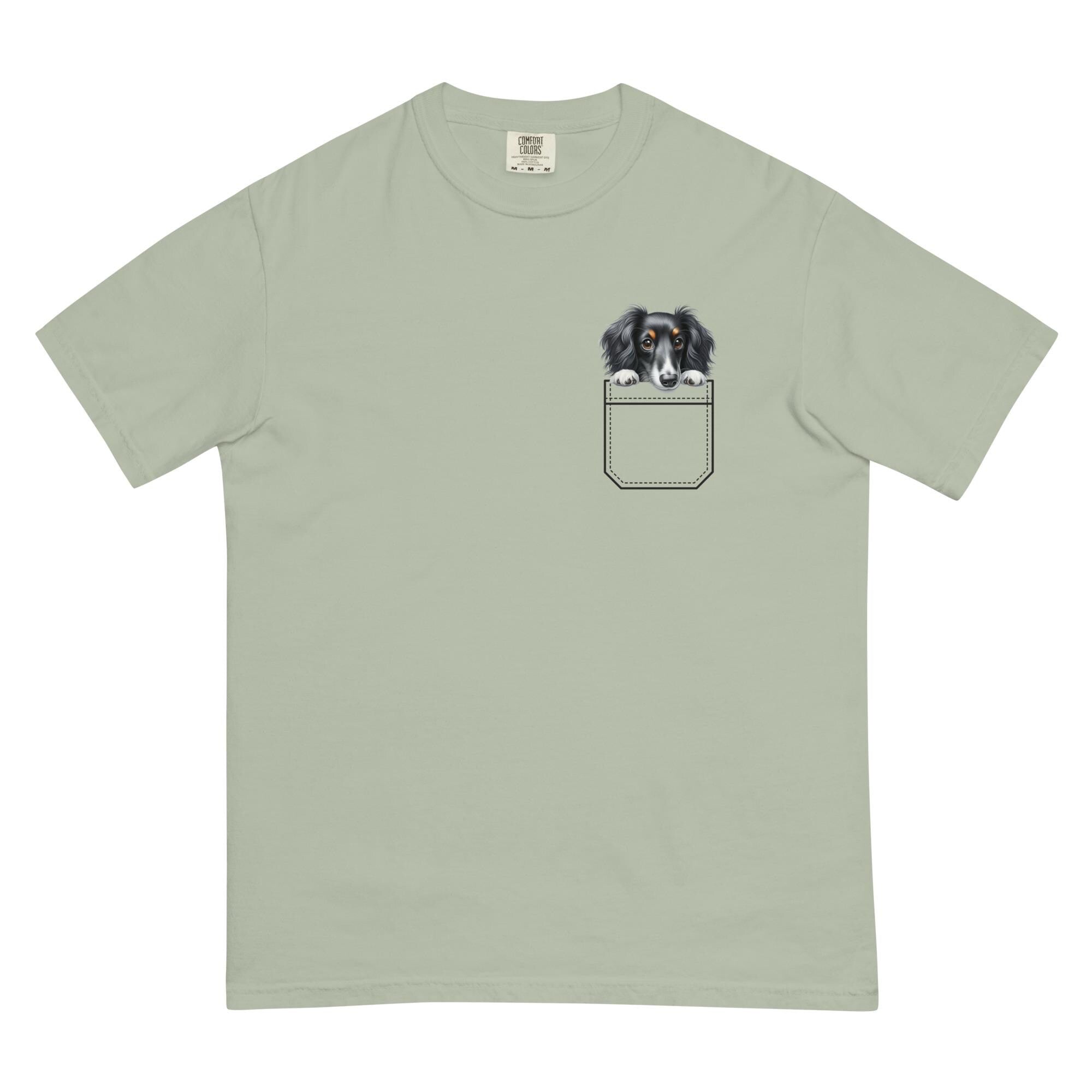 Dachshund Puppy Comfort Colors Shirt, personalized Faux Pocket Tee long hair dachshund