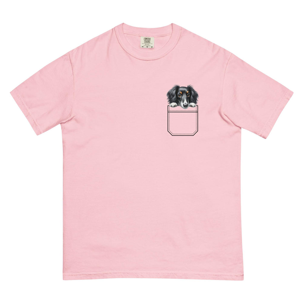 Dachshund Puppy Comfort Colors Shirt, personalized Faux Pocket Tee long hair dachshund